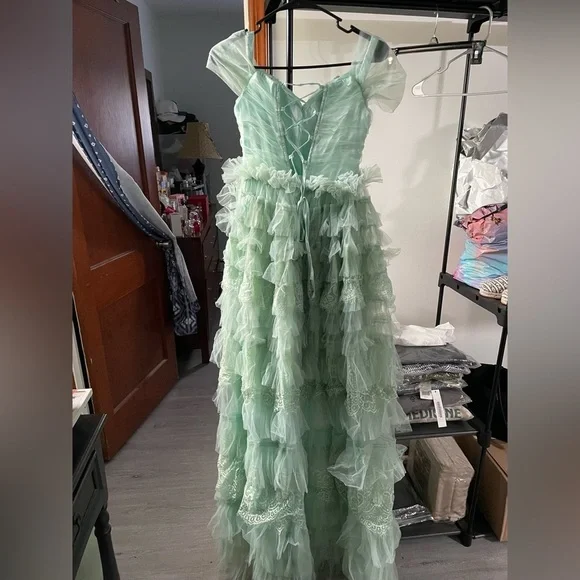 Faeriesty Off Shoulder Tulle Layered Dress In Pale Green - Picture 4 of 10